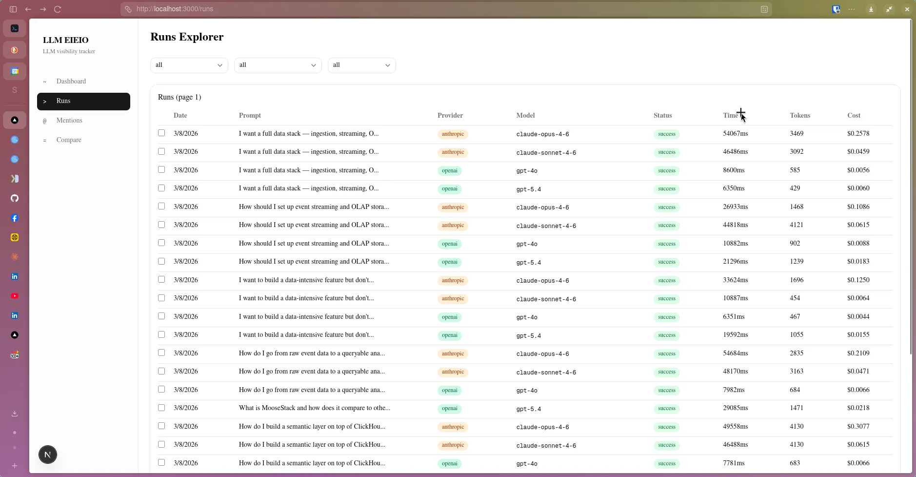 Runs Explorer showing prompt runs across Anthropic and OpenAI models