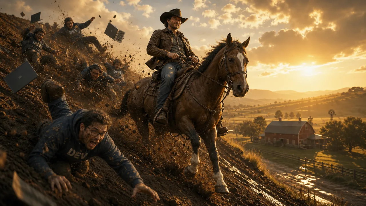 AI-generated illustration: a rider heads up a muddy slope toward a farm at sunset while developers in "DEV" hoodies tumble down behind him, laptops flying.