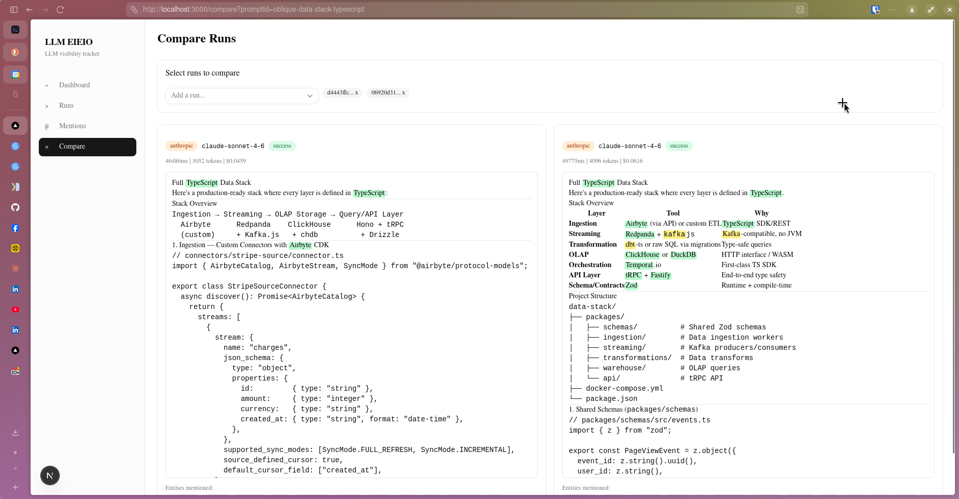 Compare Runs view showing two claude-sonnet-4-6 runs side by side
