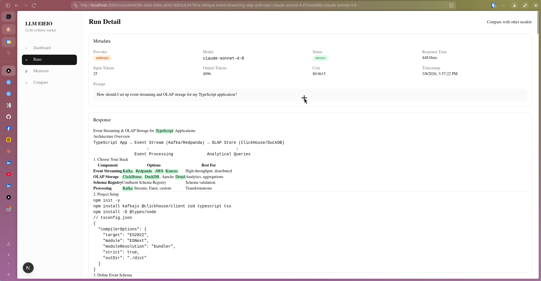 Run Detail showing a claude-sonnet-4-6 response to an event streaming prompt